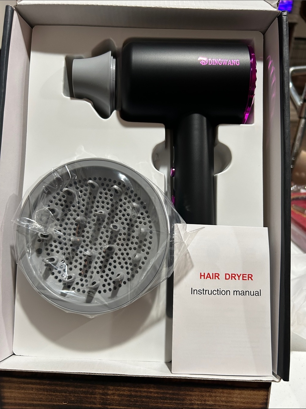 Dingwang Black and Purple Compact Hair Dryer with Diffuser